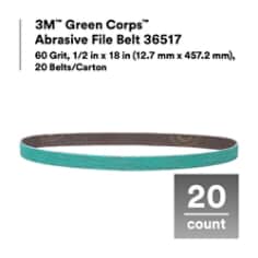 3M™ Green Corps™ Abrasive File Belt 36517, 60 Grit, 1/2 in x 18 in (12.7 mm x 457.2 mm), 20 Belts/Carton
