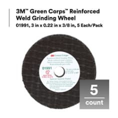 3M™ Green Corps™ Reinforced Weld Grinding Wheel 01991, 3 in x 0.22 in x 3/8 in, 5 Each/Pack