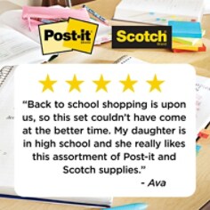 This is an image that features written copy of a customer review along with five stars and the Post-it and Scotch Brand logo.

