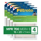 Image of Filtrete™ HVAC Air Filters MPR 700  Dust, Pollen & Pet Dander Reduction 16x20x1. (4-pack) Packaging is green on the bottom with a blue gradient background on the top. The Filtrete™ logo appears at the top and  three is a couple on the right side of the package holding a cat. In the upper right corner there is text that reads: Remind Me. Download Filtrete™ Smart App. Scan Barcode for change reminder & mobile purchasing.