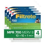 Filtrete™ HVAC Air Filters MPR 700 Dust, Pollen & Pet Dander Reduction 10x10x1 (4-pack). Packaging is green on the bottom with a blue gradient background on the top. The Filtrete™ logo appears at the top and  three is a couple on the right side of the package holding a cat. In the upper right corner there is text that reads: Remind Me. Download Filtrete™ Smart App. Scan Barcode for change reminder & mobile purchasing.