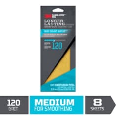 Reads: 3M™ SandBlaster™ Pro Longer Lasting Sanding Sheets 3 2/3 in x 9 in, 120 Grit, Medium, 8 sheets/pack. Image of black and light blue colored packaging. A triangular open space reveals the gold colored sandpaper inside. The black and light blue rectangular Info graphic on the bottom reads 120 Grit Medium for Smoothing, 8 sheets. The red 3M logo is displayed in the upper left corner.