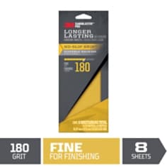 Reads: 3M™ SandBlaster™ Pro Longer Lasting Sndg Sheets, 3 2/3 in x 9 in, 180 Grit, Fine, 8 Sheets/Pack. Image of black and gold colored packaging. A triangular open space reveals the gold colored sandpaper inside. The black and gold rectangular Info graphic on the bottom reads 180 Grit Fine for Finishing, 8 sheets. The red 3M logo is displayed in the upper left corner.
