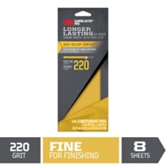 Reads: 3M™ SandBlaster™ Pro Sandpaper, 3-2/3 in. x 9 in., 220 Grit, Fine, 8 Sheets/Pack. Image of black and gold colored packaging. a triangular open space reveals the gold colored sandpaper inside. The black and gold rectangular Info graphic on the bottom reads 220 Grit Fine for Finishing, 8 sheets. The red 3M logo is displayed in the upper left corner.