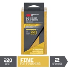 Reads: 3M™ SandBlaster™ Advanced Sanding Sanding Sponge, 220 grit, Fine, 2.5 in x 4.5 in x 1 in, 2/pack. Image of black and yellow colored packaging. A triangular open space reveals the gold sponges inside. The rectangular Info graphic on the bottom reads 220 Grit Fine for Finishing, 2 sponges. The red 3M logo is displayed in the upper left corner.