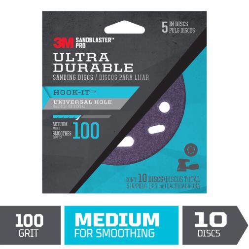 Reads: 3M™ SandBlaster™ Pro Ultra Durable Universal Hole Sanding Disc 100 Grit, Medium, 10 discs/pack. Image of black and light blue colored packaging. A half circular open space reveals the purple colored sanding disc inside. The black and light blue rectangular Info graphic on the bottom reads 100 Grit Medium for Smoothing, 10 discs. The red 3M logo is displayed in the upper left corner.