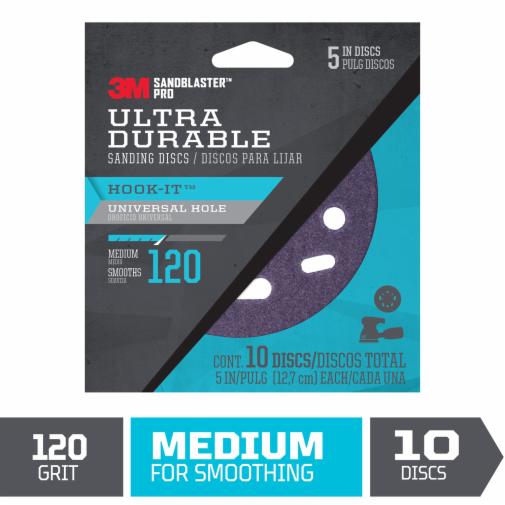 Reads: 3M™ SandBlaster™ Pro Ultra Durable Universal Hole Sanding Disc 120 Grit, Medium, 10 discs/pack. Image of black and light blue colored packaging. A half circular open space reveals the purple colored sanding disc inside. The black and light blue rectangular Info graphic on the bottom reads 120 Grit Medium for Smoothing, 10 discs. The red 3M logo is displayed in the upper left corner.