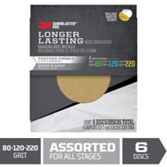 Reads: 33M™ SandBlaster™ Pro Ultra Durable Sanding Disc Refills, 5 in, Assorted Grit., 6 discs/pack. Image of black and gray colored packaging. A half circular open space reveals the purple colored sanding disc inside. The black and gray rectangular Info graphic on the bottom reads 80-120-220 Assorted for all stages.6 discs. The red 3M logo is displayed in the upper left corner.