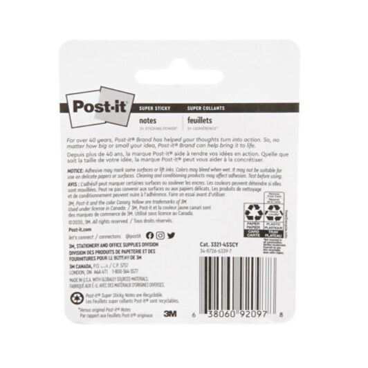 Post-it® Super Sticky Notes 3321-4SSCY, 3 in x 3 in (76 mm x 76 mm)