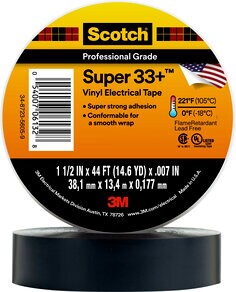 3M Scotch 33 Vinyl Electrical Tape, 176 Degree F, 44' Length x 1-1/2" Width