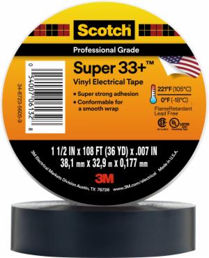 Scotch Super 33+ Vinyl Electrical Tape, 1-1/2 in x 36 yd, 1-1/2 in Core, Black, 50 rolls/Case image Scotch Super 33+ Vinyl Electrical Tape, 1-1/2 in x 36 yd, 1-1/2 in Core, Black, 50 rolls/Caseimage
