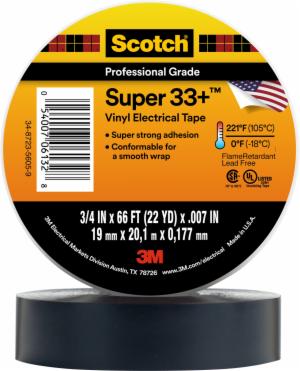 Scotch Super 33+ Vinyl Electrical Tape, 3/4 in x 66 ft, 1-1/2 in Core, Black, 100 rolls/Caseimage