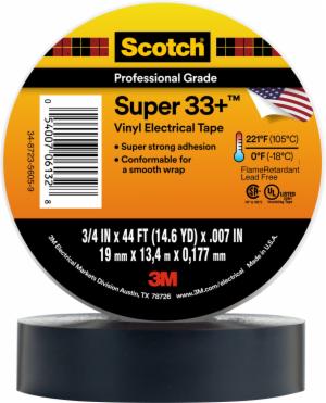 Scotch Super 33+ Vinyl Electrical Tape, 3/4 in x 44 ft, Black, 10 rolls/carton, 100 rolls/Case image Scotch Super 33+ Vinyl Electrical Tape, 3/4 in x 44 ft, Black, 10 rolls/carton, 100 rolls/Caseimage