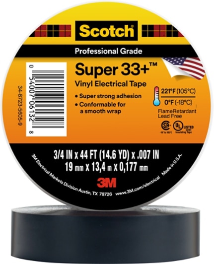 Scotch® Super 33+ Vinyl Electrical Tape, 3/4 in x 44 ft, Black, 10 rolls/carton, 100 rolls/Case