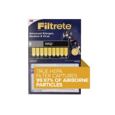 Image of Filtrete™ Advanced Allergen, Bacteria & Virus True HEPA Room Air Purifier Filter FAPF-HM-B, B in package. A yellow banner reads True HEPA Filter Captures 99.97% of Airborne Particles. The package is purple in color.
