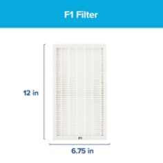 Image of Filtrete™ Allergen Reduction HEPA-Type Room Air Purifier Filter FAPF-F1-A, F1. A diagram of the filter is shown with the corresponding measurements called out on the top and the side. The measurements read 6.75" (wide) and 12" (tall). A sky blue rectangular banner is displayed at top which reads: "F1 Filter".
