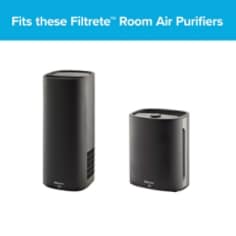 Image of Filtrete™ Room Air Purifier Devices FAP-C01-F1 and FAP-T02-F1. There is a sky blue rectangular text box above that reads. "Works with Filtrete™ Room Air Purifiers"