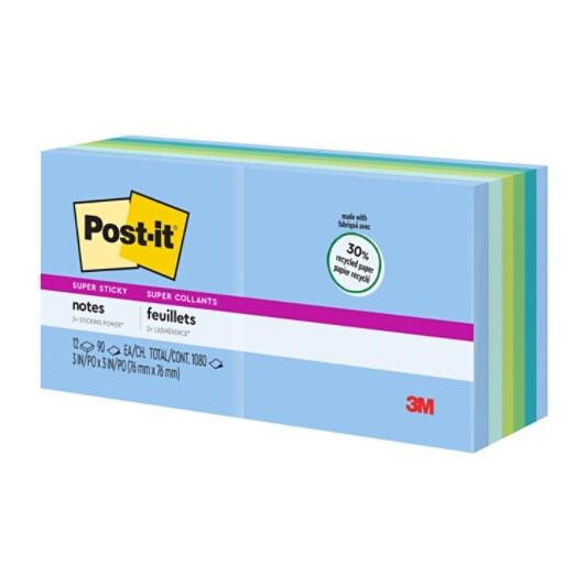 Post-it® Recycled Super Sticky Notes in 3 in x 3 in feature 2x the sticking power. Use for notes or reminders on doors, windows or walls. Unique adhesive reliably sticks and re-sticks so your message can stay front and center. Move your notes with you throughout the day. Made with 30% recycled paper. Post-it® Super Sticky Notes are recyclable and the paper in Post-it® Super Sticky Notes is sourced from certified, renewable and responsibly managed forests. Keep calm and collected with the soothing blues and greens of the Oasis collection. 12 Pads/Pack, 90 Sheets/Pad.