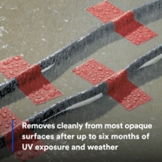 Removes cleanly from most opaque surfaces after up to six months of UV exposure and weather