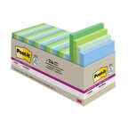 Post-it® Recycled Super Sticky Notes in 3 in x 3 in feature 2x the sticking power. Use for notes or reminders on doors, windows or walls. Unique adhesive reliably sticks and re-sticks so your message can stay front and center. Move your notes with you throughout the day. Cabinet pack size is a great way to stock up your work area, study space, or classroom. Made with 30% recycled paper. Post-it® Super Sticky Notes are recyclable and the paper in Post-it® Super Sticky Notes is sourced from certified, renewable and responsibly managed forests. Keep calm and collected with the soothing blues and greens of the Oasis collection. 24 Pads/Pack, 70 Sheets/Pad.