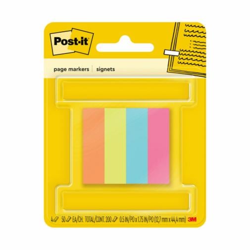 Post-it® Page Markers in assorted colors and .5 in x 1.75 in size are easy to write on to leave notes where you need them. They are great to mark any document and stays put until removed. Use these page markers to flag your documents and have room to write notes. Contains 4 colors, 50 sheets per color. 200 sheets total.