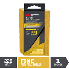 One SandBlaster™ Pro edge detailing, dual angled sanding sponge . Graphic: 220 grit, fine for finishing, gold in color. One sponge