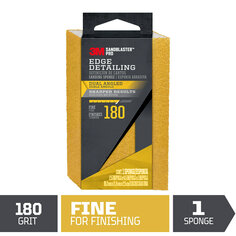 One SandBlaster™ Pro edge detailing, dual angled sanding sponge . Graphic: 180 grit, fine for finishing, gold in color. One sponge