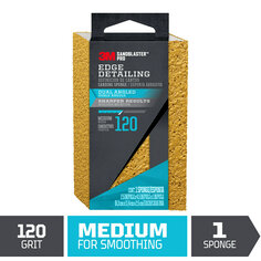 One Sandblaster™ Pro edge detailing, dual angled sanding sponge. Graphic: 120 grit, medium for smoothing, teal in color. sponge is gold color. One sponge