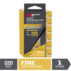 One SandBlaster™ Pro edge detailing dust channeling, dual angled sanding sponge. Graphic: 220 grit, fine for finishing, gold in color. 1 sponge