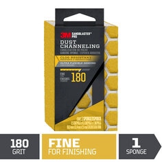 One Sandblaster™ Pro edge detailing, dust channeling, dual angled sanding sponge. Graphic: 180 grit, fine for finishing, gold in color. 1 sponge