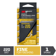 One Sandblaster™ Pro dust channeling, sanding sponge. Graphic: 220 grit, fine for finishing, gold in color. 1 sponge