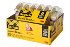 This shows a 6-pack of Scotch Double-Sided Tape on a white background. Net contents include 3000 inches of tape.