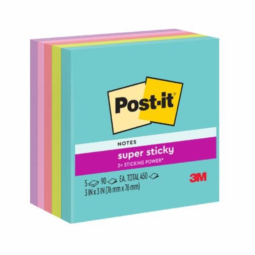 Post-it® Super Sticky Notes 654-5SSMIA, Supernova, 3 in x 3 in, 90 Sheets x 5 Pads