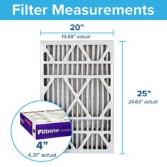 Dimensions in Decimals of the Filtrete 20x25x4, AC Furnace Air Filter, MPR 1550 DP, Healthy Living Ultra Allergen Deep Pleat, 2-Pack