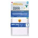 Filter in its packaging. 3M Filtrete™ smart air filter 2200 premium allergen & home pollutants MPR 2200 Blue banner reads: MERV 13, 14 x 20 x 1", one filte, Bluetooth enabled. Packaging is blue and gray.