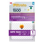 Filter in its packaging. 3M Filtrete™ smart air filter 1500 premium allergen & home pollutants MPR 1500 Purple banner reads: MERV 12. 20 x 30 x 1" one filter Bluetooth enabled. Packaging is light purple and gray.
