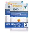 Filter in its packaging. 3M Filtrete™ smart air filter 2200 premium allergen & home pollutants MPR 2200 Blue banner reads: MERV 13, 20 x 25 x 1", one filter, Bluetooth enabled. Packaging is blue and gray.