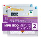 Filter in its packaging. 3M Filtrete™ smart air filter 1500 premium allergen & home pollutants MPR 1500 Purple banner reads: MERV 12. 12 x 12 x 1" one filter Bluetooth enabled. Packaging is light purple and gray. 2-Pack