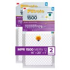 Filter in its packaging. 3M Filtrete™ smart air filter 1500 premium allergen & home pollutants MPR 1500 Purple banner reads: MERV 12. 14x20 x 1" one filter Bluetooth enabled. Packaging is light purple and gray. 2-Pack