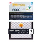 Filtrete™ Smart Air Filter 2500 and its packaging premium allergen ultrafine particles NPR 25 Merv 14. 20 x 25 x 1" one filter Bluetooth enabled. Packaging is dark blue, black and gray.