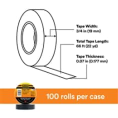 Scotch® Super 33+ Vinyl Electrical Tape, 3/4 in x 66 ft, 1-1/2 in Core, Black, 100 rolls/Case