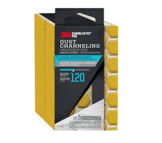 3M™ SandBlaster™ Pro Dust Channeling Dual Angle Sanding Sponge, 2 1/2 in x 4 1/2 in x 1 in, 120 grit in its black packaging.  Sponges are gold in color.