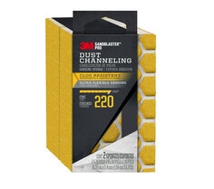3M™ SandBlaster™ Pro Dust Channeling Dual Angle Sanding Sponge, 2 1/2 in x 4 1/2 in x 1 in, 220 grit in its black and yellow packaging. Sponges are yellow. 2-pack