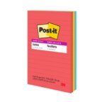 Post-it® Super Sticky Notes feature 2x the sticking power. 4 in x 6 in size is great for lists or longer notes on doors, windows or walls. Unique adhesive reliably sticks and re-sticks so your message can stay front and center. Lined notes are perfect for to do lists. Move your to dos with you throughout the day. Classic rainbow hues from the Playful Primaries collection brighten your day. Post-it® Super Sticky Notes are recyclable and the paper in Post-it® Super Sticky Notes is sourced from certified, renewable and responsibly managed forests. 3 Pads/Pack, 90 Sheets/Pad.