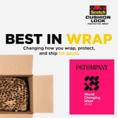 A top down image of a box full of Scotch™ Cushion Lock™  with the Fast Company World Changing Ideas 2022 award logo and Best In Wrap, Changing how you wrap, protect and ship for good. 