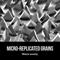 Microscopic view of the triangular shaped cutting grains of 3M™ Blue Sandpaper. Text: MICRO-REPLICATED GRAINS, wears evenly