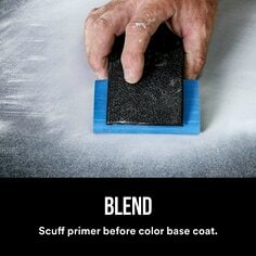 Sanding the primer coat by hand with 3M™ block sander and 600 girt 3M™ Blue sanding sheet. Text reads Blend, Scuff primer before color base coat.
