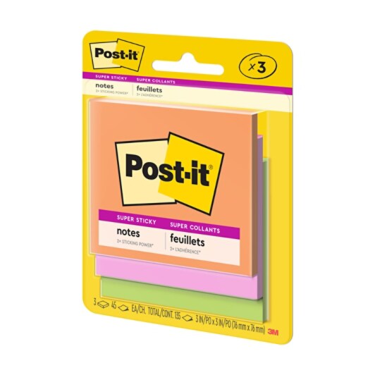  Post-it® Super Sticky Notes, 3 in x 3 in, Energy Boost Collection, 3 Pads/Pack