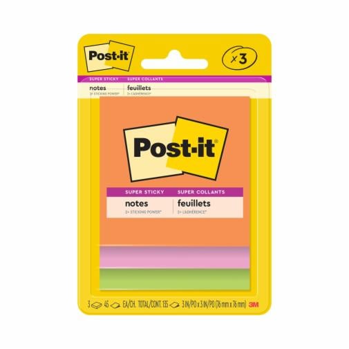 Post-it® Super Sticky Notes, 3 in x 3 in, Rio de Janeiro Collection, 10 Pads/Pack