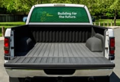 B3 builders truck window film with 3M™ Scotchcal™ Perforated Window Graphic Film 8170-P50 and 3M™ Scotchcal™ Optically Clear Overlaminate 8914